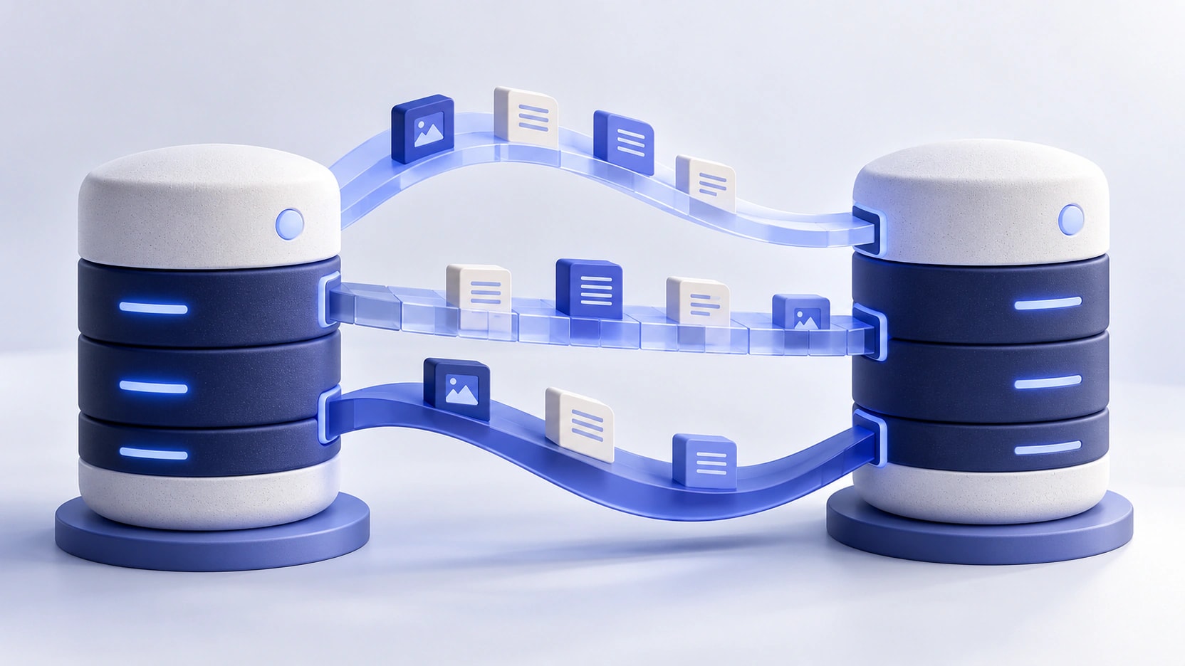 AI-generated illustration of three bridges carrying website document blocks between two server sculptures.