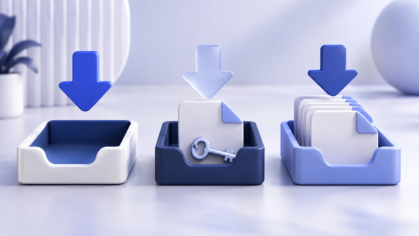 AI-generated illustration of three document trays with downward arrows and a key representing file distribution and access choices.