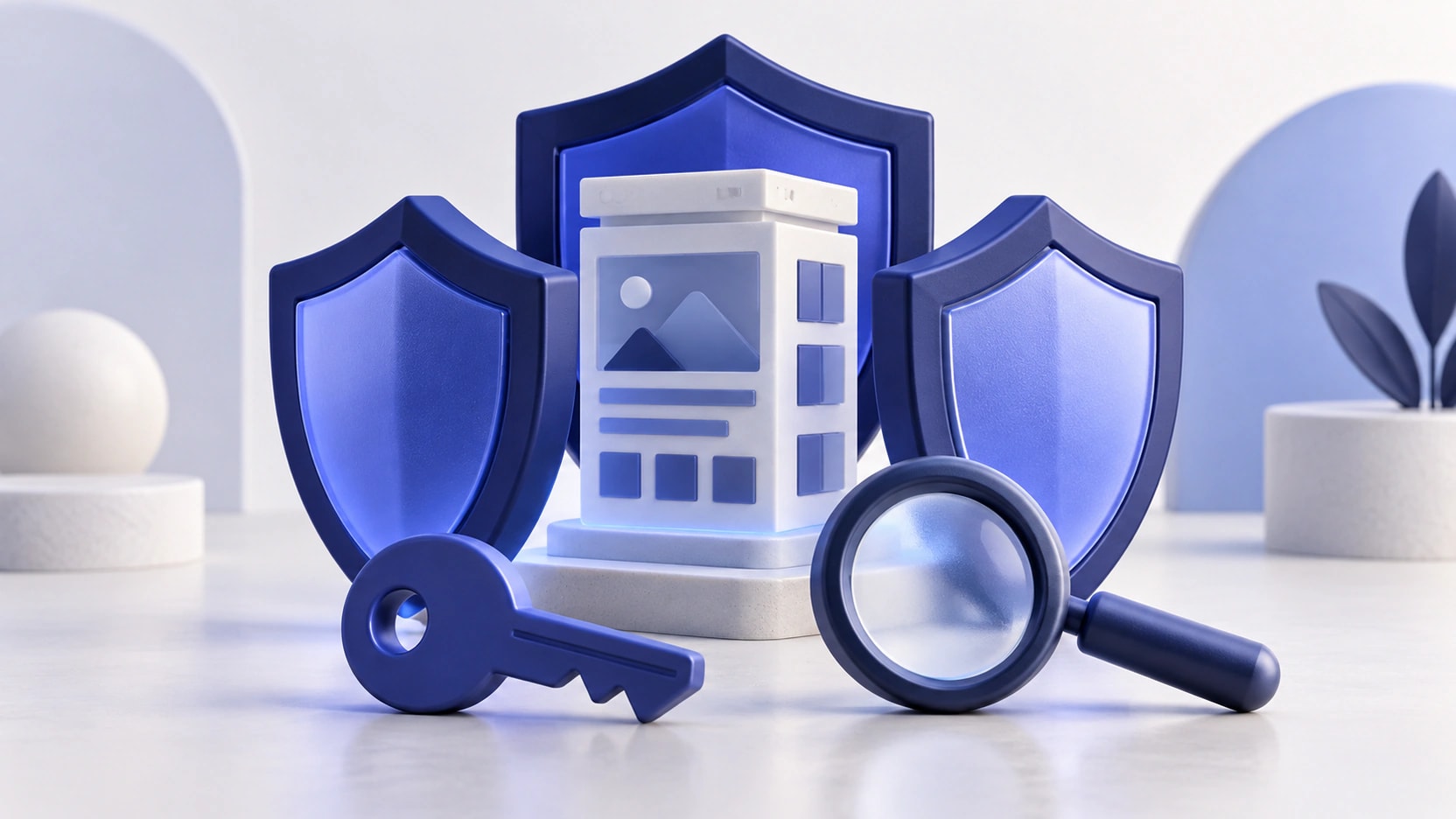 AI-generated illustration of three indigo shields protecting an abstract website tower, with a key and magnifying glass.