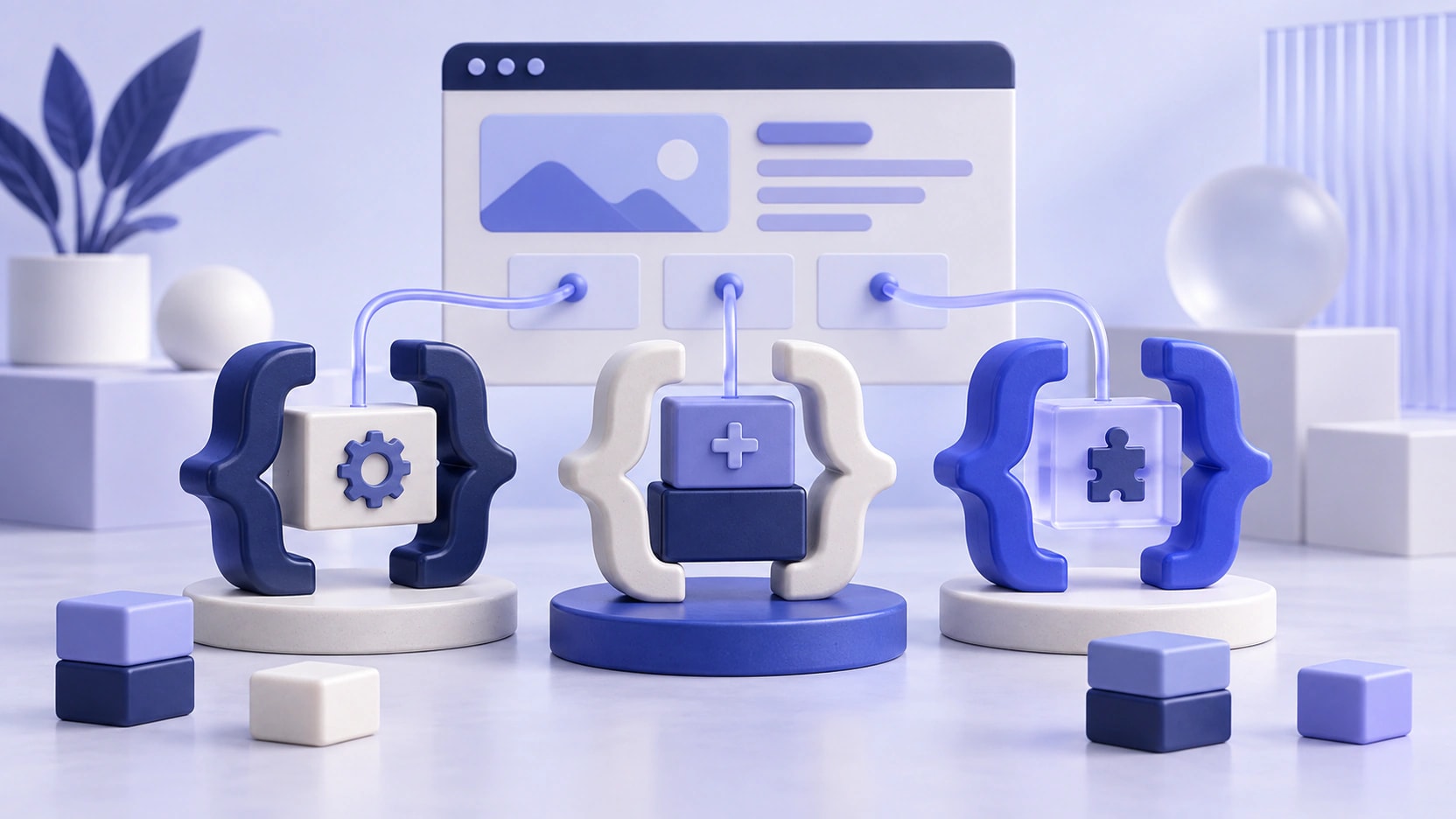 AI-generated illustration of three pairs of programming brackets holding modular customization blocks linked to a website frame.