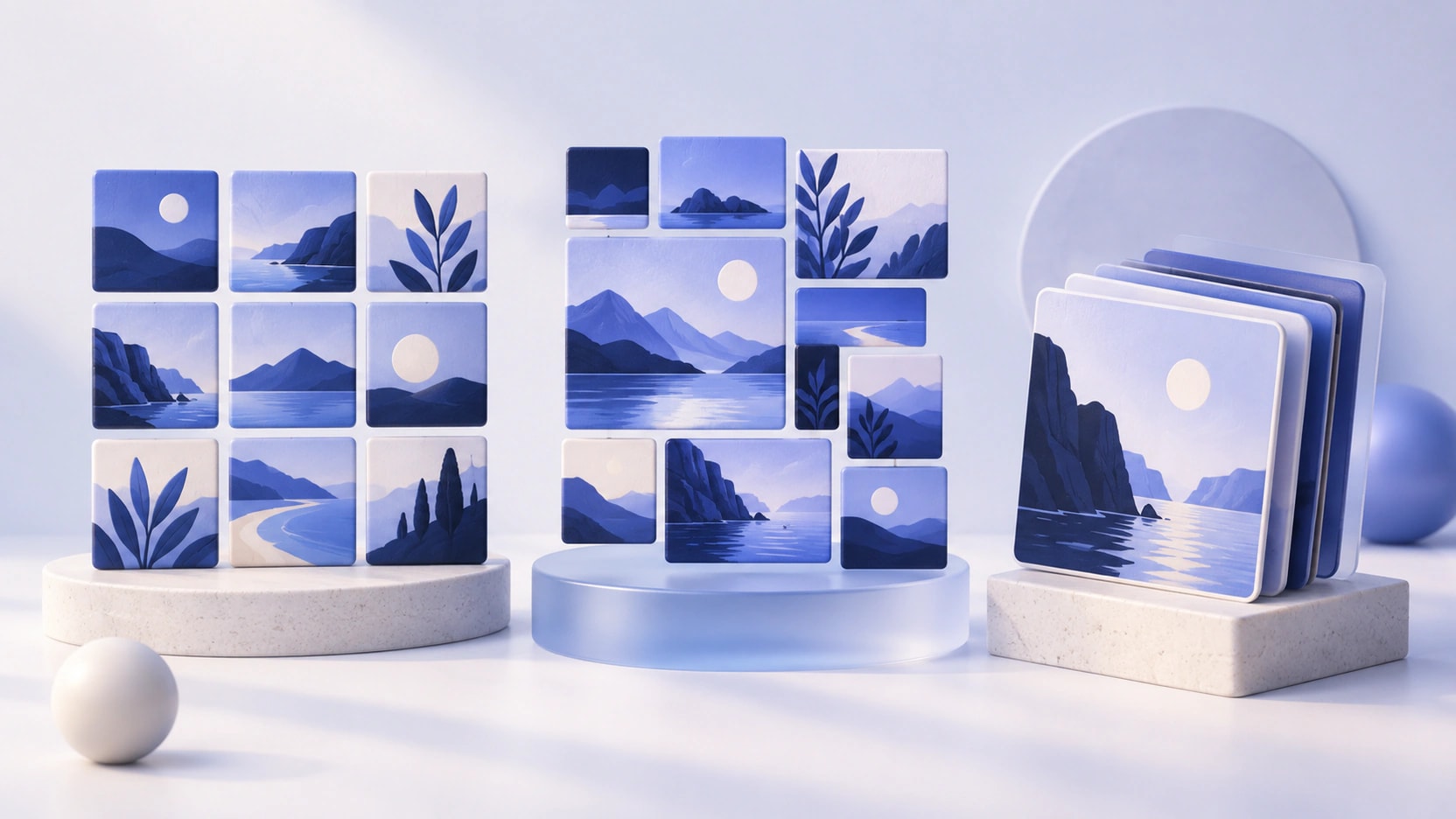 AI-generated illustration of an indigo image grid, a mosaic gallery and a stack of landscape album tiles.