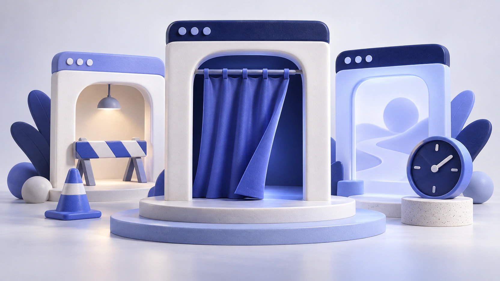 AI-generated illustration of three website gateways with a construction barrier, curtain and clock.