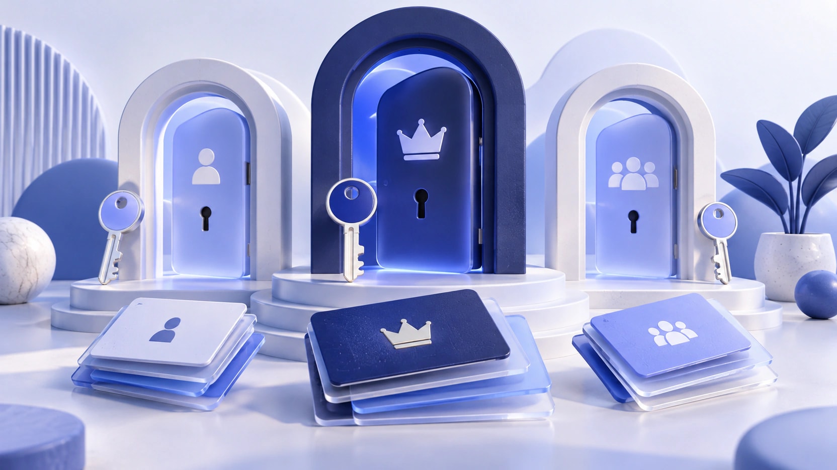 AI-generated illustration of three membership gates with keys and layered individual, premium and group access cards.