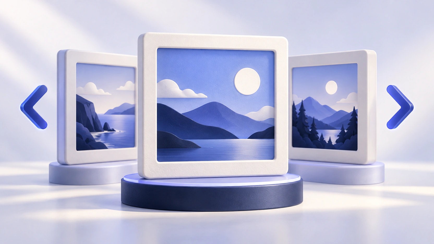 AI-generated illustration of three landscape picture frames with indigo navigation arrows.