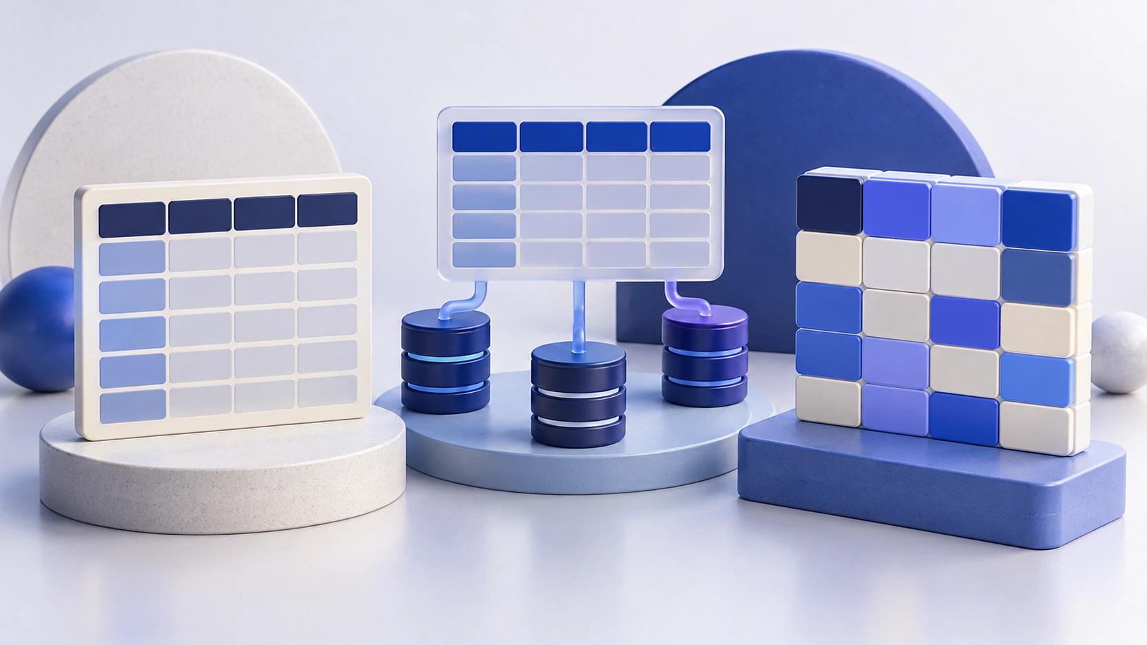 AI-generated illustration of three indigo table grids, including one connected to database cylinders.