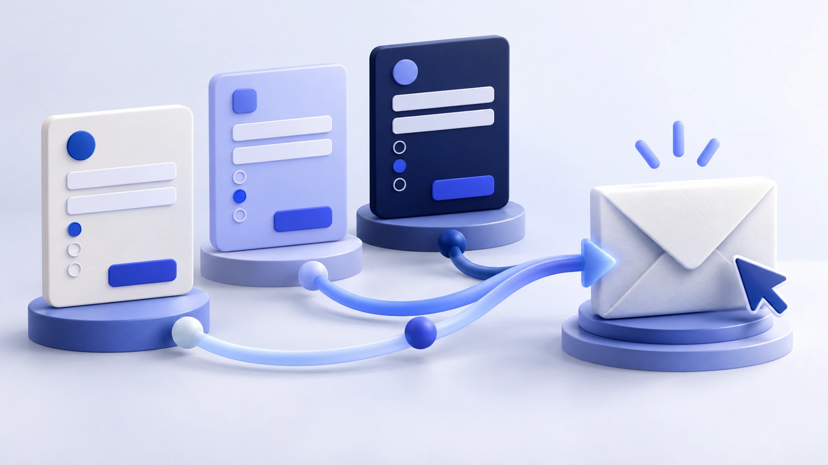 AI-generated illustration of three form panels routing submissions toward an envelope for WordPress form-builder comparisons.
