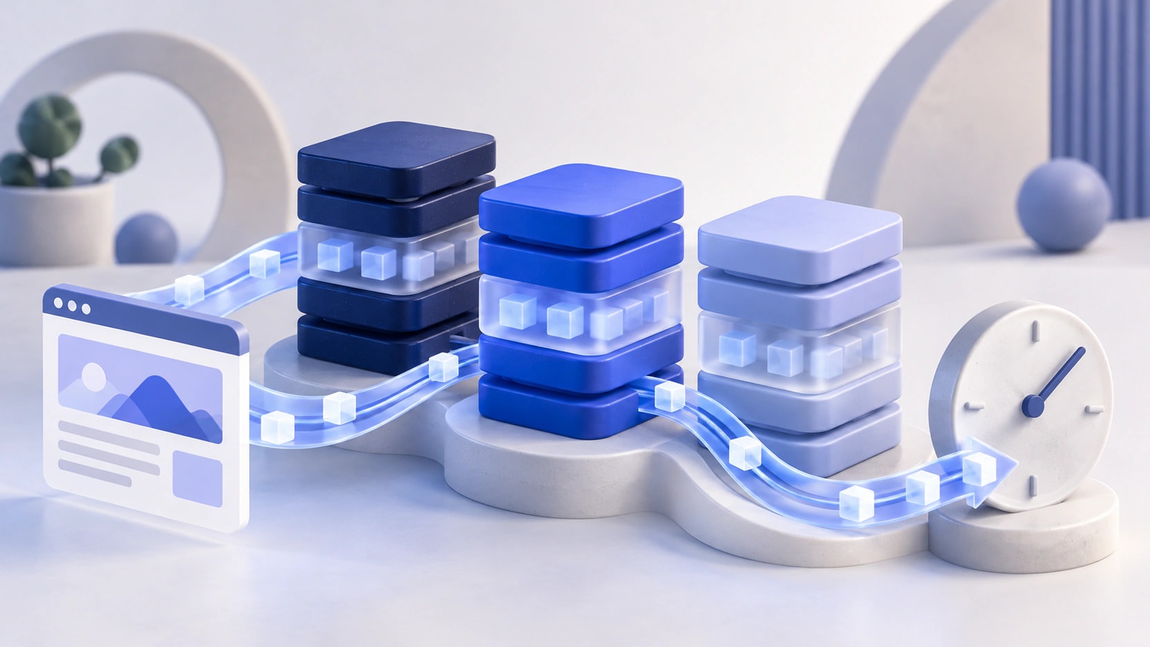 AI-generated illustration of three cache-layer stacks, data paths and a clock for WordPress caching comparisons.