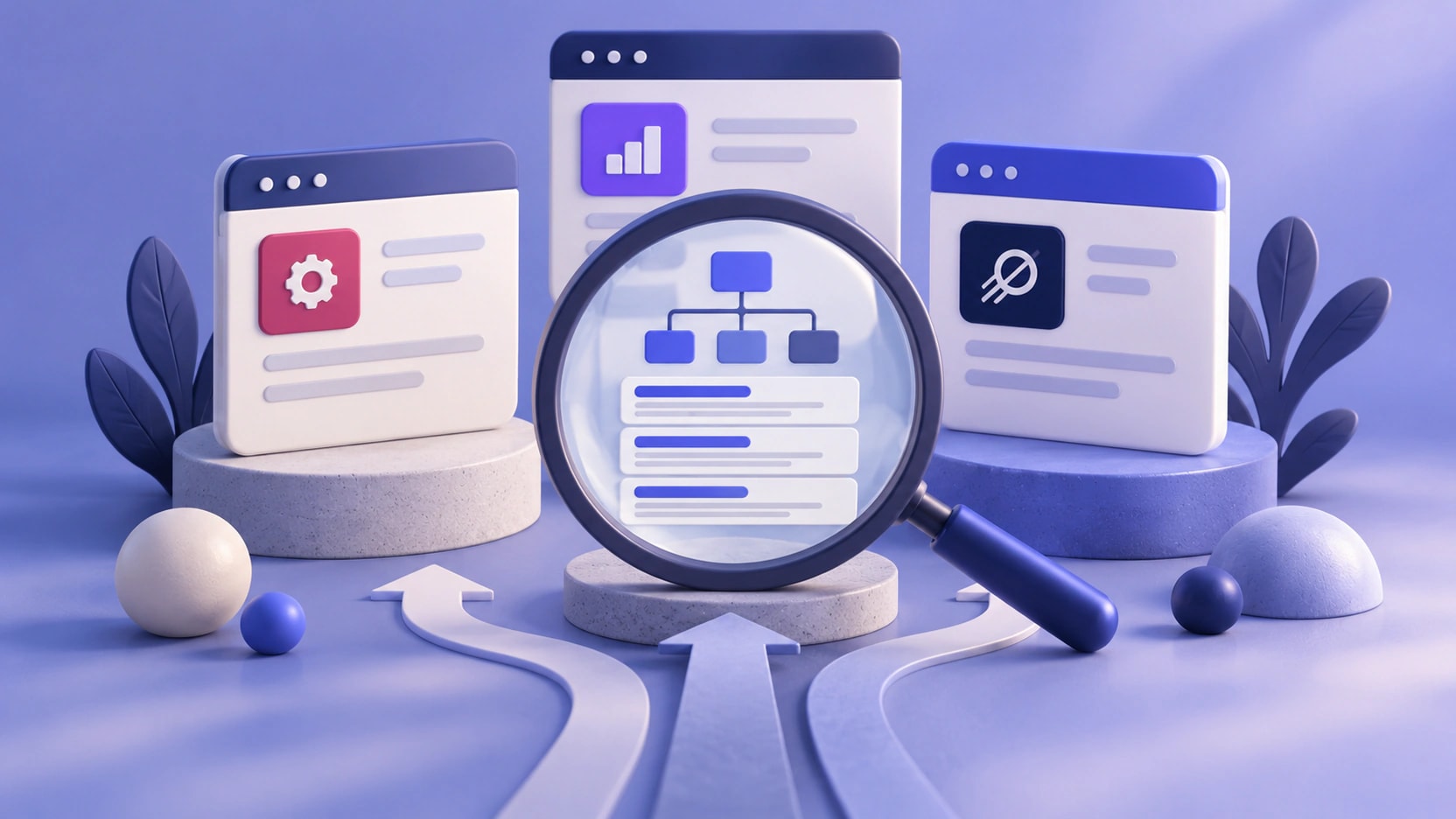 AI-generated illustration of three webpage panels, a magnifying glass and a branching site structure for WordPress SEO comparisons.