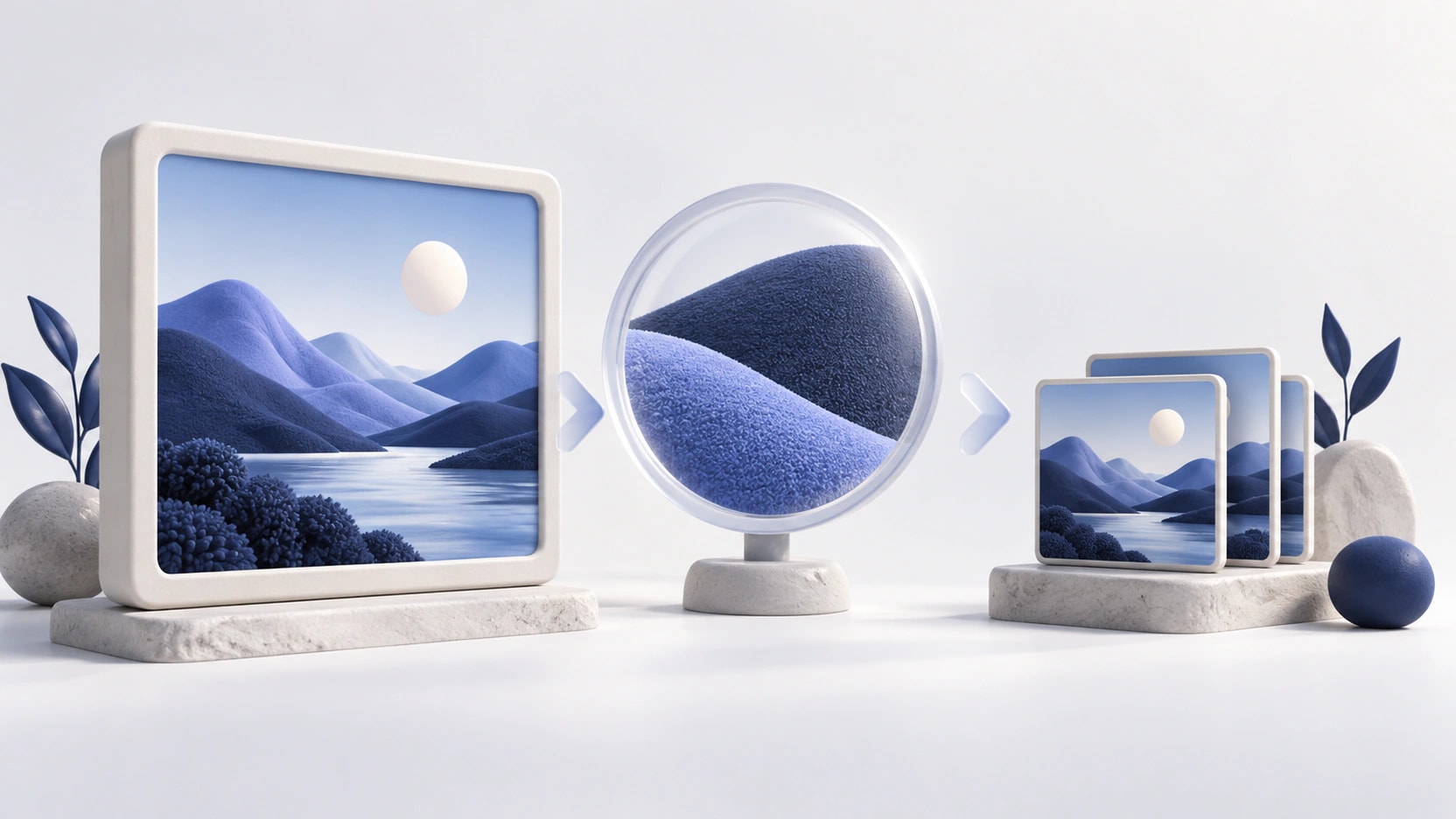 AI-generated illustration of landscape image frames and a focus lens representing image detail and resizing.