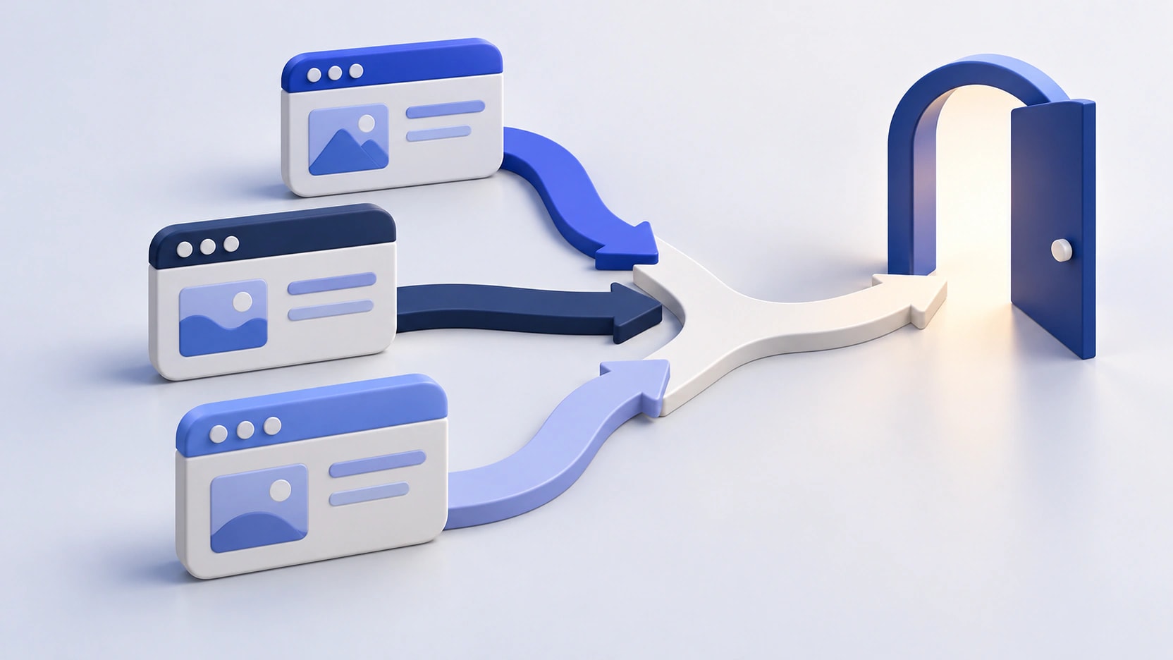 AI-generated illustration of three webpage tiles following redirect arrows toward an open doorway.