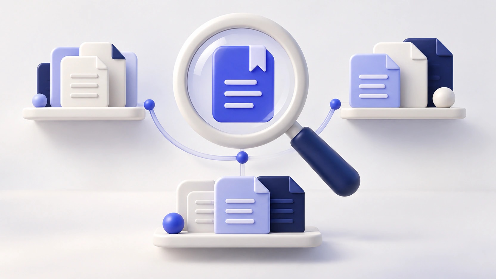 AI-generated illustration of document groups and a magnifying glass highlighting a bookmarked page.