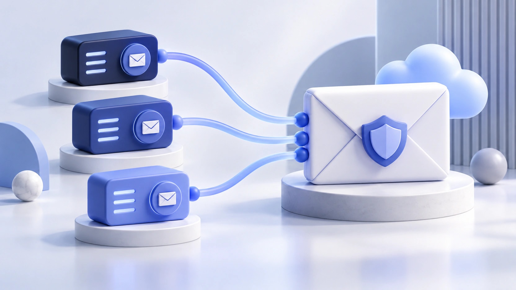 AI-generated illustration of three indigo mail relay modules connected to a protected envelope and cloud.