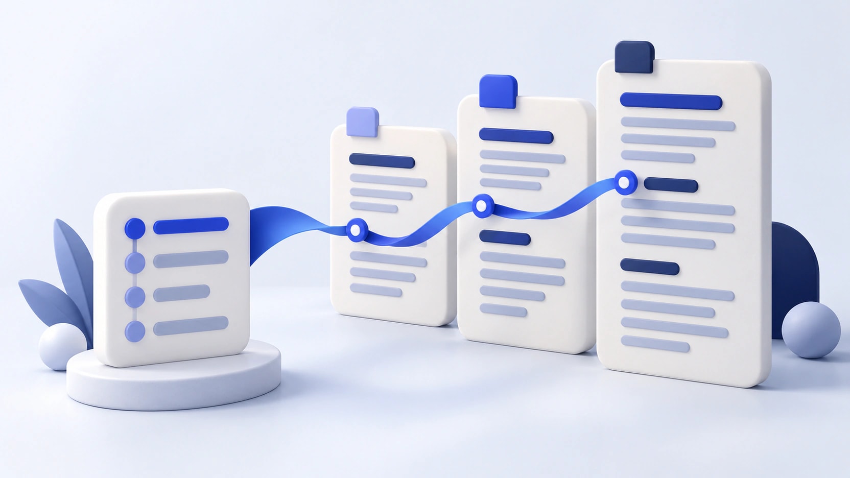 AI-generated illustration of a contents list and three tabbed documents connected by a navigation ribbon.