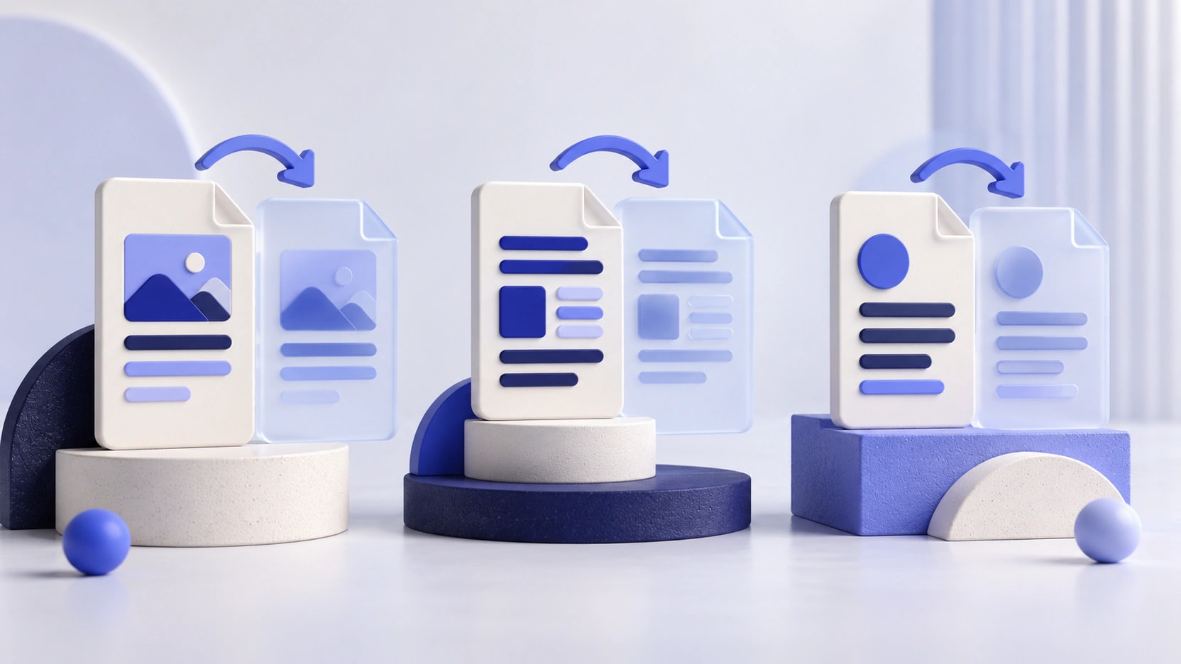 AI-generated illustration of three pairs of original and draft documents joined by indigo copy arrows.