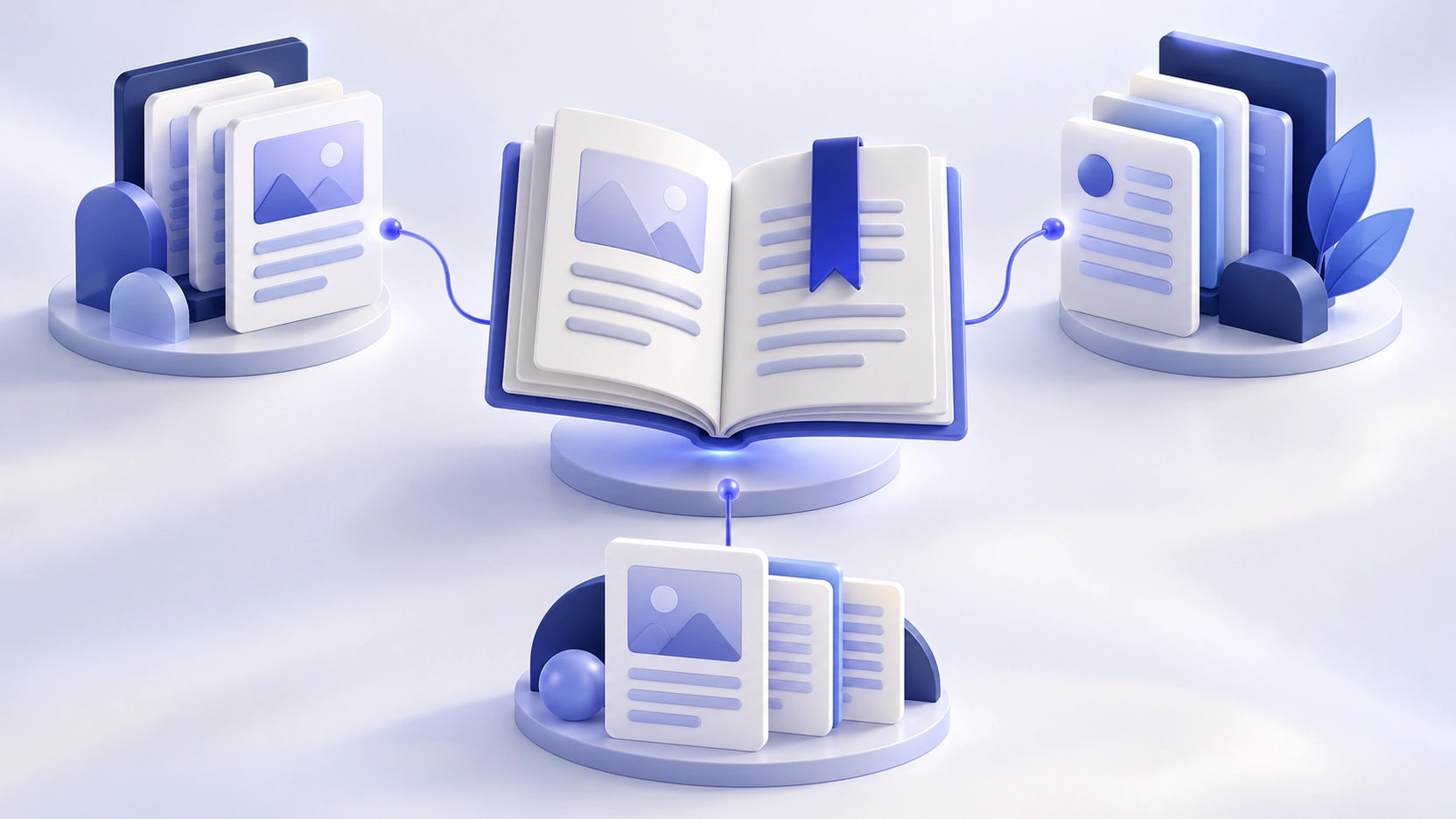 AI-generated illustration of an open editorial booklet connected to three groups of related document cards.