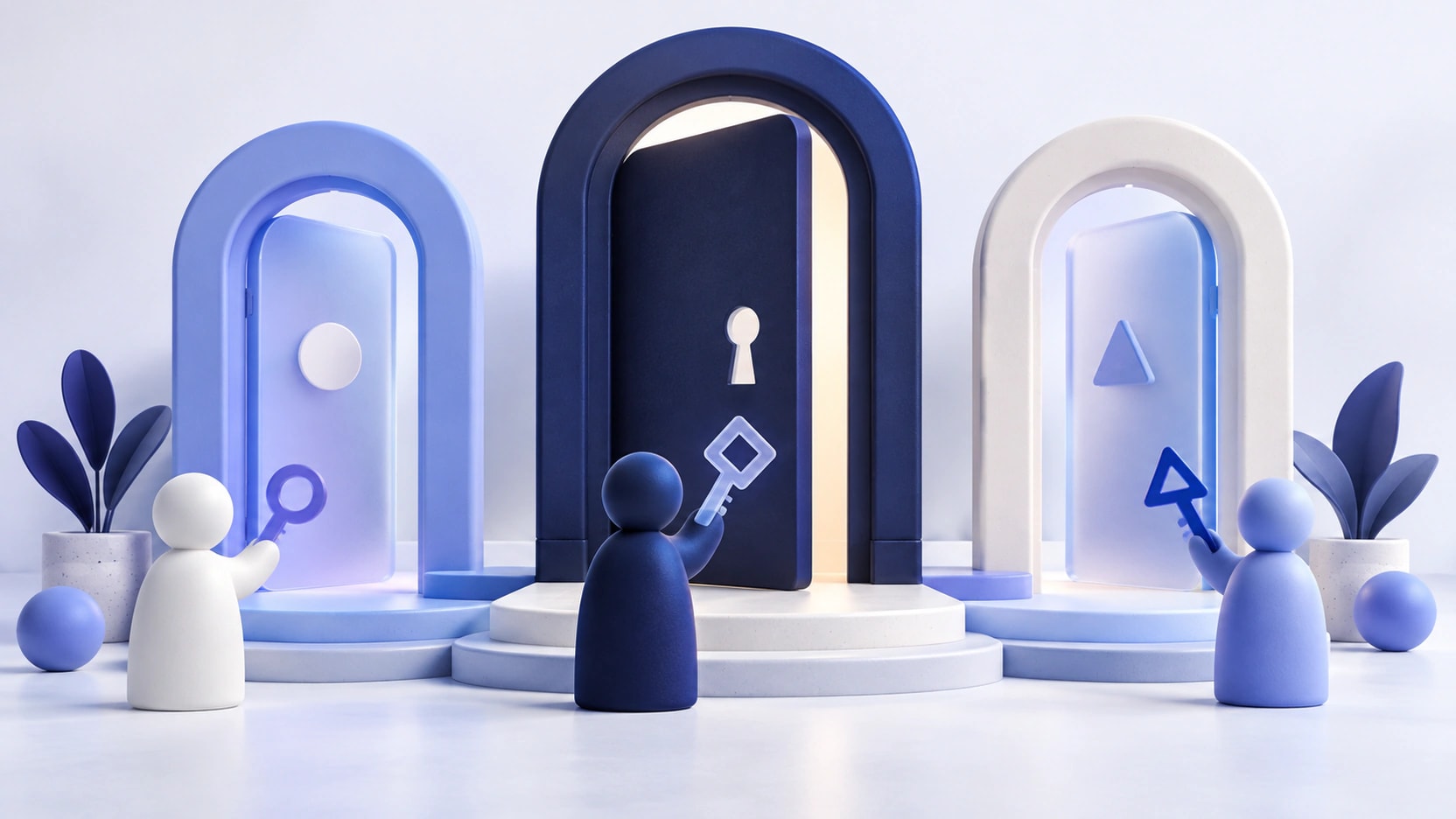 AI-generated illustration of three doorways and abstract user tokens holding different keys to represent access permissions.