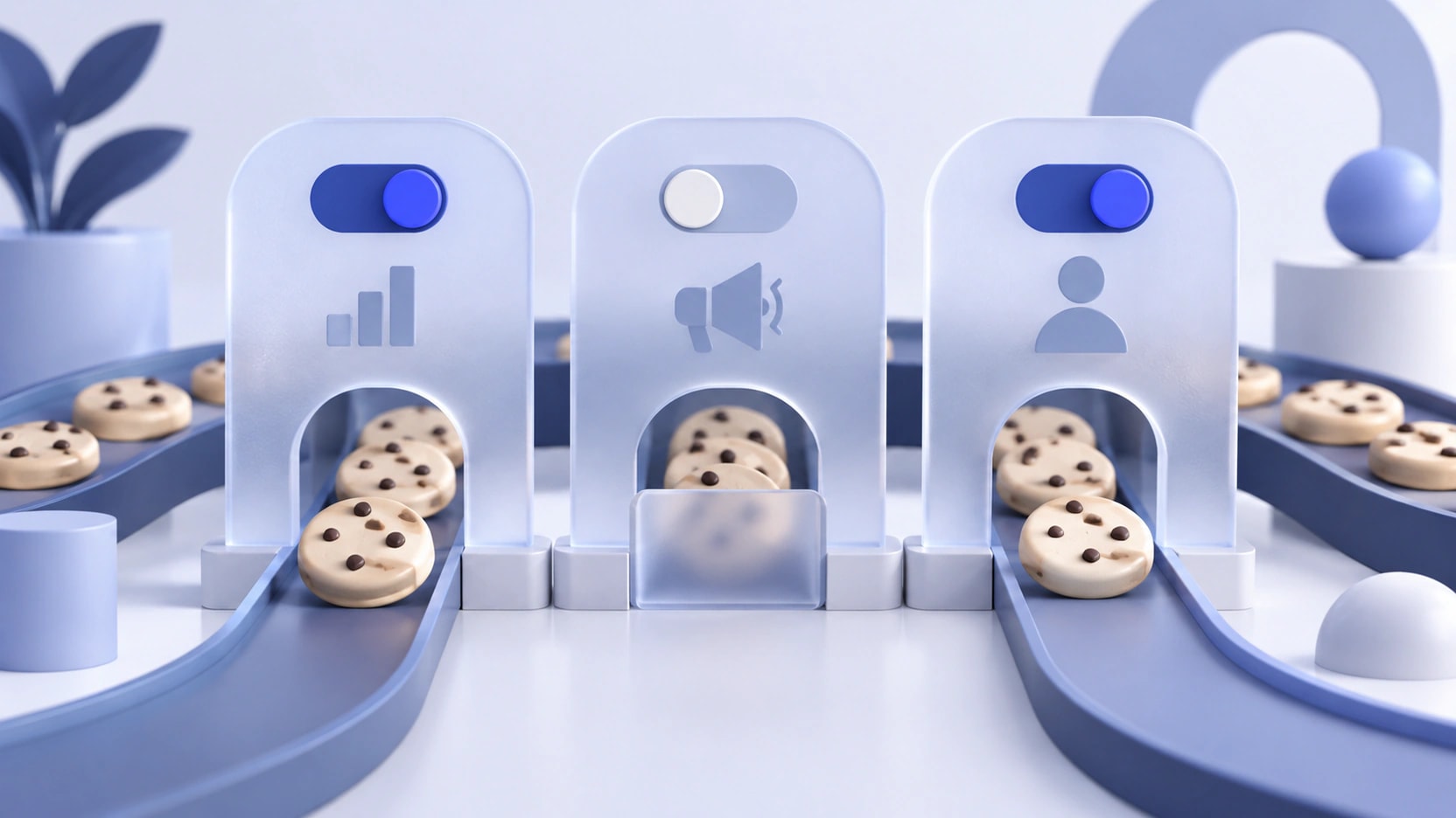 AI-generated illustration of three preference gates with toggles controlling the passage of ceramic cookie discs.