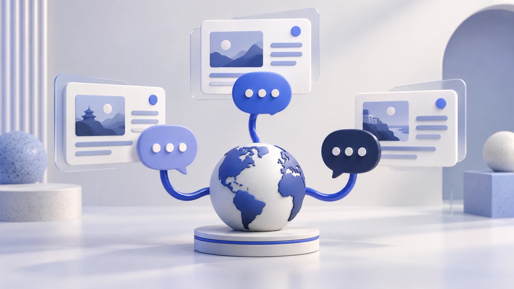 AI-generated illustration of three speech bubbles and website page tiles linked around a globe.